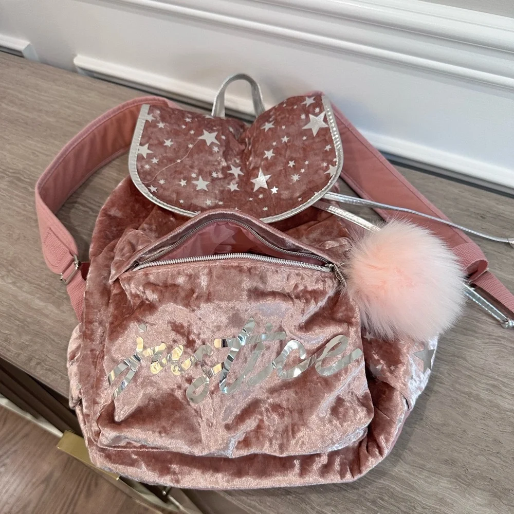 Justice Pink Velvet Backpack and pouch Set